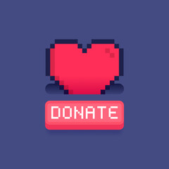 Donation and charity design concept. 8 bit pixel heart with button for donation. Giving charity financial support and love. Volunteering and donating. Vector illustration