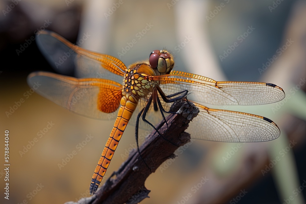 Poster shot with shallow depth of field and a focus on the dragonfly's orange eyes generative ai