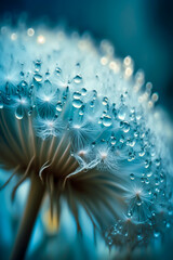 drops of dew on dandelion seeds, blue background, close up, generative ai