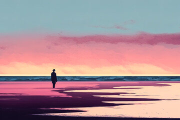 Lonely man with a hat standing on the beach during sunset or sunrise with twilight sky. This represents concept of loneliness. Digital illustration generative AI.