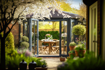 Beautiful gardem and patio outdoor in springtime, spring, generative ai