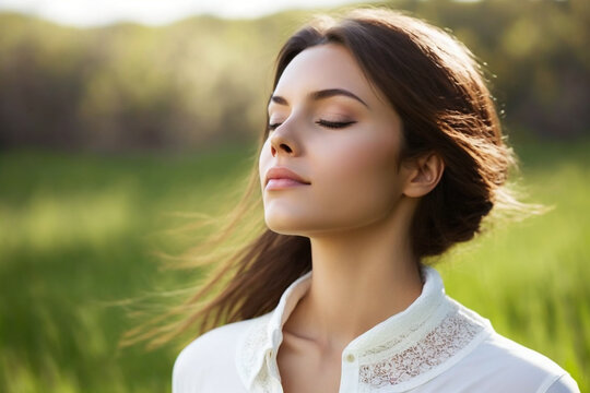 Young relaxed woman in white blouse enjoying nature fresh air meditating, generative ai