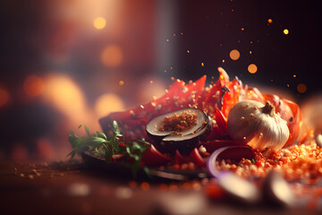Fototapeta na wymiar Still life with garlic, tomatoes, spices and herbs on a dark background. Food design. Baked vegitables. Delicious dish. Artistic blur. Generative AI technology.