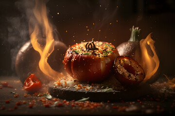 Baked tomato with herbs and spices on a wooden board on a dark background. Fire and smoke on background. Delicious dish. Artistic blur. Generative AI technology.