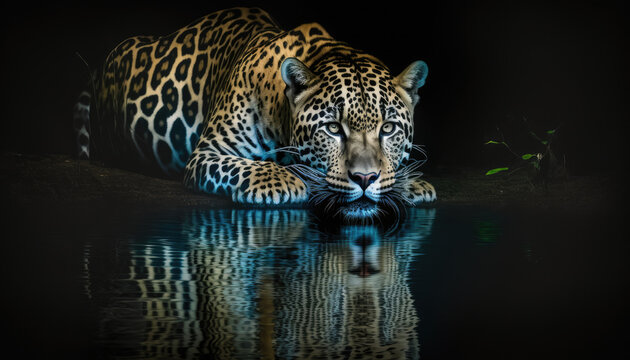 A jaguar drinks water at night. Generative AI