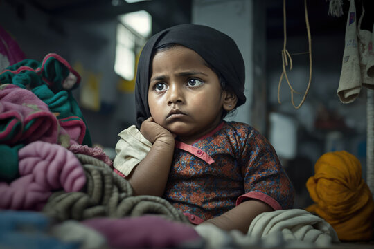 Asian child labour in fashion textile industry - sad and tired baby girl sewing clothes in a factory, generative AI