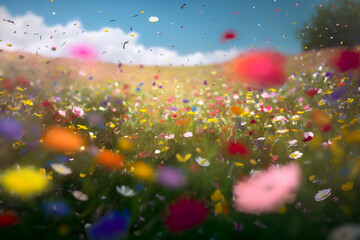 Fototapeta na wymiar Beautiful field of flowers with flying petals, springtime, spring, generative ai