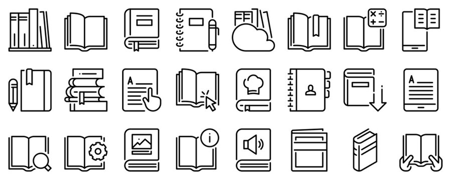 Line icons about books on transparent background with editable stroke.