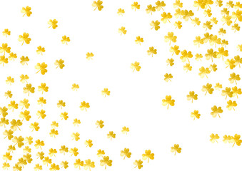 Shamrock background for Saint Patricks Day.  Lucky trefoil confetti. Glitter frame of clover leaves. Template for voucher, special business ad, banner. Greeting shamrock background.