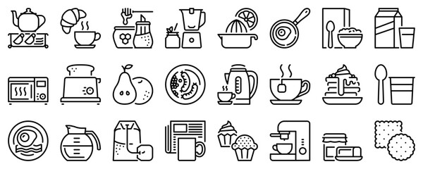 Line icons about breakfast on transparent background with editable stroke.