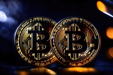 Bitcoin crypto currency coin, a dark contrast realistic photograph. Generative AI.

