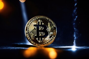 Bitcoin crypto currency coin, a dark contrast realistic photograph. Generative AI.
