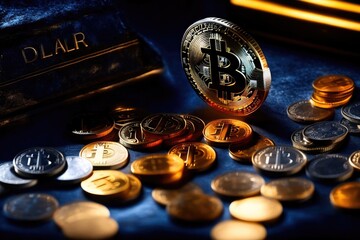 Bitcoin crypto currency coin, a dark contrast realistic photograph. Generative AI.
