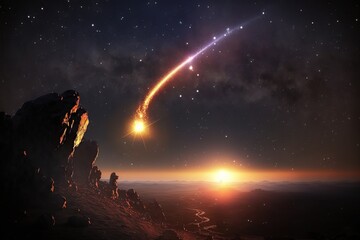 Meteor shower. A comet, an asteroid, a meteorite falls to the ground against a starry sky. Ai. Attack of the meteorite