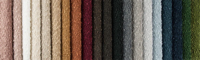 Bright collection of gunny textile samples. Set of fabric swatch samples texture. Samples of boucle fabrics for furniture upholstery.