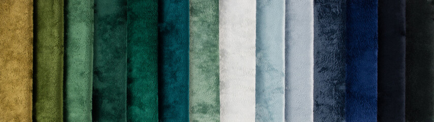 Fototapeta premium Bright collection of gunny textile samples. Set of fabric swatch samples texture. Samples of fabrics for furniture upholstery.