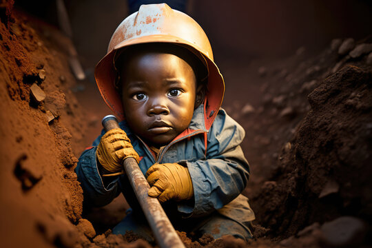 Child labour image of an African baby boy digging in a mine, face view, wearing gloves and a yellow construction helmet, holding a shovel, with copy space, Generative AI