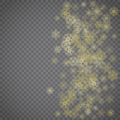 Isolated snowflakes on transparent grey background. Gold glitter snow. Winter sales, Christmas and New Year design for party invitation, banner, sale. Winter window. Magic crystal isolated snowflakes.