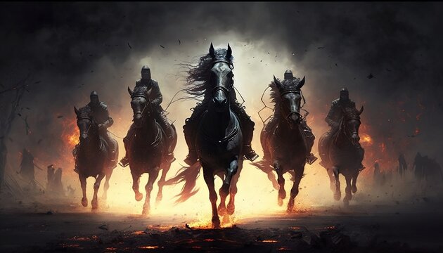 This breathtaking image shows four wild horses running through a landscape of destruction and fire.  symbols of death, war, famine and pestilence. Generative AI,