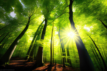 The sun beautifully illuminating the green treetops of tall beech trees in a forest.