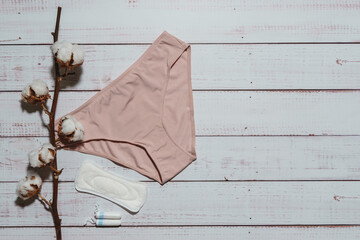 Pink underpants with cotton brunch on wooden background, closeup