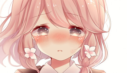 anime girl with pink hair crying, sad