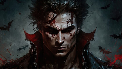 dangerous vampire, black cape with red collar, blood on face