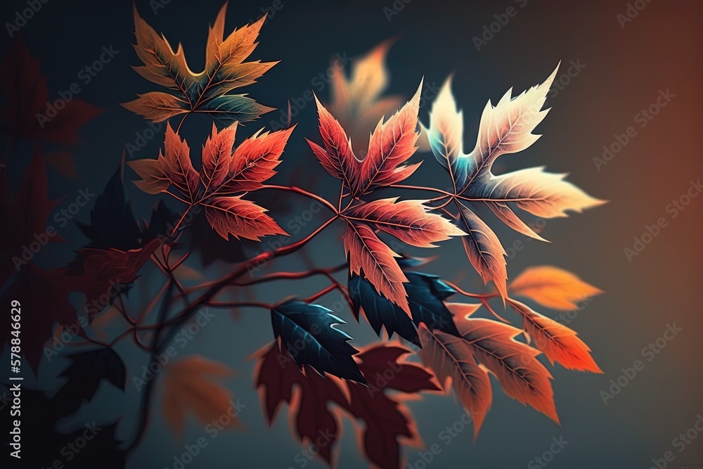 Poster a branc shot with the maple leaves in shallow focus generative ai