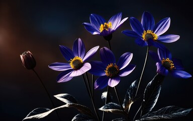 Flowers, beautiful, dark contrast scene with low key lighting, with a blurred gradient backdrop. Generative AI.