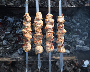 Delicious juicy shish kebab. pork on fire. food on fire. barbecue in the yard. Georgian kebab. meat...