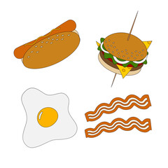 Set of The most popular fast food types. Hamburger, hot dog and fried egg with strips of bacon. EPS