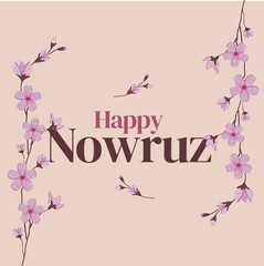 Sprigs of the apricot tree with flowers on pink background Text Happy Nowruz Holiday Concept of spring came Top view Flat lay Hello march, april, may, persian new year	
