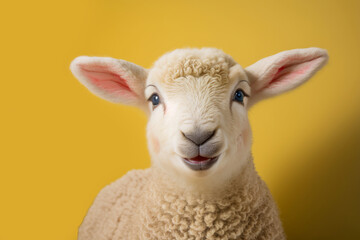 Obraz premium Portrait of a cute spring lamb. Studio shot against a bright background. Generative ai