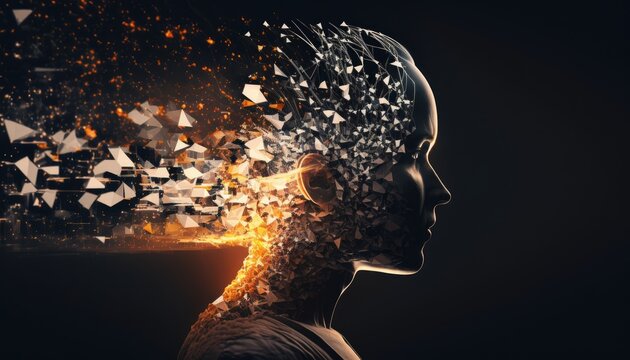 An illustration of technology exploding out of the mind. Generative AI