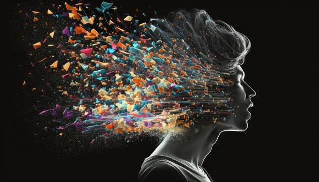 An illustration of technology exploding out of the mind. Generative AI