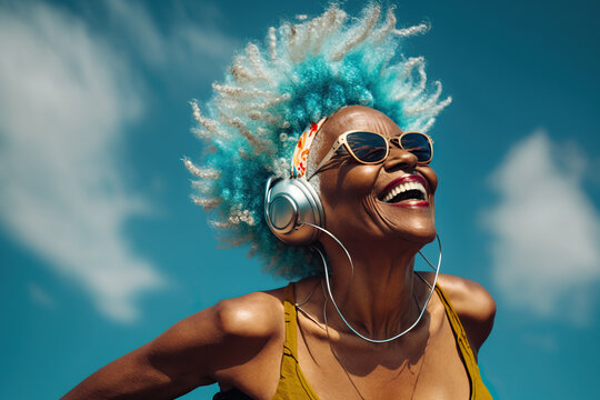 Happy senior woman listening music in headphones, generative AI