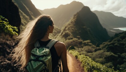 Naklejka premium woman hiking cliff, travel concept, generative ai