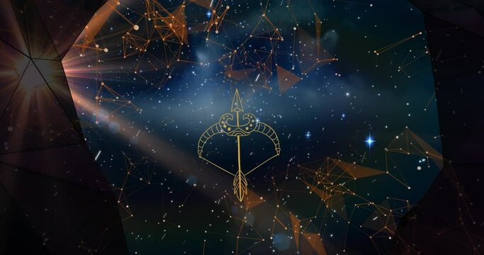 Animation of horoscope symbol of sagittarius over shapes and stars