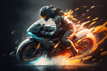 Motorcycle or bike rider speed concept. Motorbike with fire freedom concept. Sport motion race idea. Ai generated