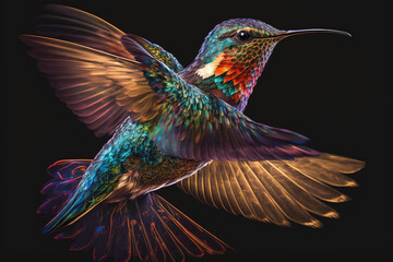 Obraz premium Incredible and beautiful colorful colibiri bird illustration. Exotic colorful hummingbird. Ai generated