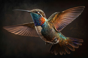 Obraz premium Incredible and beautiful colorful colibiri bird illustration. Exotic colorful hummingbird. Ai generated