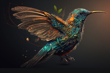 Obraz premium Incredible and beautiful colorful colibiri bird illustration. Exotic colorful hummingbird. Ai generated