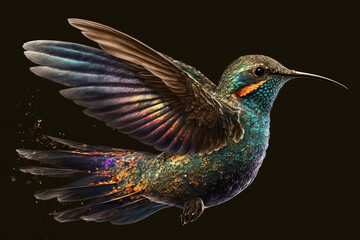 Obraz premium Incredible and beautiful colorful colibiri bird illustration. Exotic colorful hummingbird. Ai generated