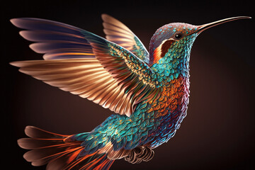 Obraz premium Incredible and beautiful colorful colibiri bird illustration. Exotic colorful hummingbird. Ai generated