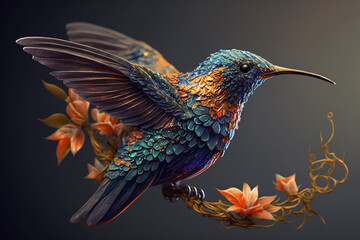 Obraz premium Incredible and beautiful colorful colibiri bird illustration. Exotic colorful hummingbird. Ai generated