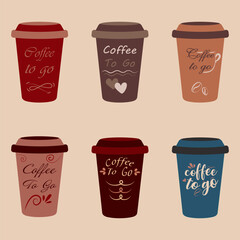 A set of hand-designed coffee glasses in different colors. Coffee to go. Design for glasses of coffee, coffee shop.