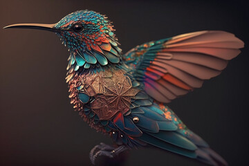 Obraz premium Incredible and beautiful colorful colibiri bird illustration. Exotic colorful hummingbird. Ai generated