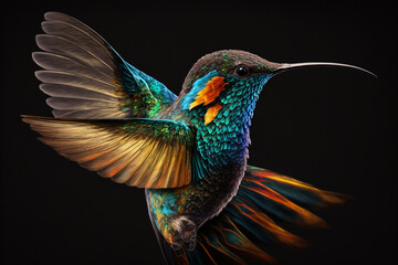 Obraz premium Incredible and beautiful colorful colibiri bird illustration. Exotic colorful hummingbird. Ai generated