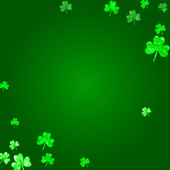 Clover background for Saint Patricks Day. Lucky trefoil confetti. Glitter frame of shamrock leaves. Template for special business offer, banner, flyer. Merry clover background.