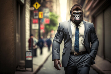 gorilla animal in business suit in the city. Generative ai
